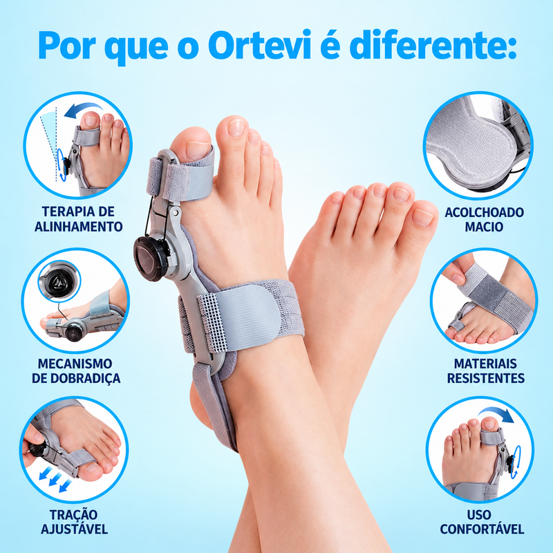 Por que o Ortevi é diferente: terapia de alinhamento, mecanismo de dobradiça, tração ajustável, acolchoado macio, materiais resistentes e uso confortável